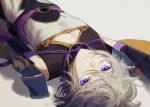 1boy blue_eyes chinese_clothes close-up csyko fate/grand_order fate_(series) gao_changgong_(fate) grey_hair hair_between_eyes looking_at_viewer looking_up lying male_focus on_back short_hair silver_hair solo 