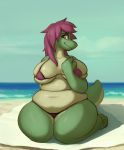  2020 anthro beach big_breasts bikini breasts clothed clothing curvy_figure female front_view hair hi_res looking_at_viewer outside overweight overweight_female reptile scalie seaside smile solo swimwear thick_thighs 