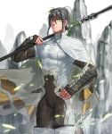  1boy bangs black_hair bodysuit bun_cover cape chinese_clothes covered_navel eyebrows_visible_through_hair facial_hair fate/grand_order fate_(series) fingerless_gloves genderswap genderswap_(ftm) gloves green_eyes hand_on_hip jin_(sirius-j) long_hair looking_at_viewer polearm qin qin_liangyu_(fate) sidelocks simple_background skin_tight solo thighs weapon 