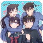  2boys 2girls anger_vein black_serafuku black_shirt blue_background blue_eyes blue_jacket blue_skirt brown_hair clenched_teeth closed_eyes collared_shirt facing_viewer floating_hair hair_between_eyes hand_on_hip hug hug_from_behind jacket kudou_shin&#039;ichi kuroba_kaito long_hair long_sleeves magic_kaito miniskirt monicanc mouri_ran multiple_boys multiple_girls nakamori_aoko neckerchief petting pleated_skirt red_neckwear sailor_collar sailor_shirt school_uniform serafuku shirt skirt striped striped_background teeth twitter_username very_long_hair 