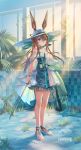  1girl amiya_(arknights) animal_ears arknights bare_shoulders blue_eyes blush bracelet brown_hair bunny_ears collar dress full_body grass hair_between_eyes hat highres holding holding_instrument instrument jewelry long_hair nemo_(leafnight) pool ring sandals solo sun_hat violin 