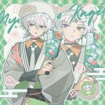  1boy black_shirt character_name choker collared_shirt commentary_request crossed_bangs egasumi facial_tattoo frown green_background green_eyes green_kimono grey_jacket grid_background hagoita hat heterochromia highres holding holding_paddle jacket japanese_clothes kimono looking_to_the_side male_focus murakumo_kagetsu necktie nijisanji outline paddle plaid_background purple_eyes shirt solo tattoo upper_body virtual_youtuber waka_(wk4444) white_background white_hair white_hat white_necktie zoom_layer 