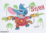  2019 4_arms 4_fingers alien antennae_(anatomy) black_eyes blue_body blue_claws blue_fur blue_nose claws clothed clothing dipstick_antennae disney experiment_(lilo_and_stitch) fingers fur head_tuft holding_object holding_weapon kusodibujo lilo_and_stitch multi_arm multi_limb multi_wielding multicolored_antennae notched_ear open_mouth palm_tree plasma_blaster plasma_gun ranged_weapon red_clothing simple_background solo spacesuit stitch_(lilo_and_stitch) traditional_media_(artwork) tree tuft watermark weapon white_background 