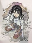 1girl 2018 alita battle_angel_alita black_hair black_shorts brown_pantyhose cable cape cyborg debris eyeliner grey_background grey_eyes grey_scarf hand_on_ground hand_on_own_face highres joints looking_up makeup mechabare mechanical_arms mechanical_hands mechanical_legs metal_skin on_one_knee pantyhose peach_momoko red_eyeliner red_lips robot_joints scarf science_fiction shorts signature simple_background torn_cape torn_clothes torn_pantyhose traditional_media two-tone_background variant_set white_background yellow_cape 