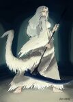  1girl absurdres artsywak breasts commentary commission dark_souls_(series) dark_souls_i dragon_girl dragon_horns dragon_tail dress from_behind full_body fur_dress highres holding holding_scythe horns large_breasts looking_back priscilla_the_crossbreed scythe signature solo tail white_dress white_hair wide_sleeves yellow_eyes 