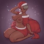  1girl absurdres asura_(asurauser) barefoot breasts capelet christmas dark_nipples dark_skin full_body fur_capelet hat highres large_breasts lips long_legs looking_at_viewer miniskirt navel nipples nose original puffy_nipples red_capelet red_eyes red_skirt sack santa_hat seiza short_hair silver_hair sitting skirt snow soles solo thick_thighs thighs toes toned 