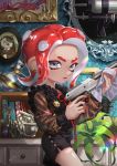  1girl black_shirt black_shorts book cleaning desk disruptor_(splatoon) dust_particles earrings grey_eyes hachimaki headband holding holding_cloth holding_weapon indoors iria_splash jajji-kun_(splatoon) jewelry lips long_sleeves makeup mascara medium_hair n-zap_(splatoon) nail_polish octoling octoshot_(splatoon) plant portrait_(object) red_hair red_nails shirt short_shorts shorts solo sparkle splatoon_(series) suction_cups tentacle_hair weapon 