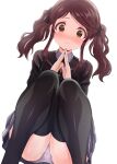  1girl absurdres amagami artina black_jacket black_skirt black_thighhighs blush brown_eyes brown_hair closed_mouth commentary_request highres jacket kibito_high_school_uniform looking_at_viewer medium_hair nakata_sae panties pantyshot partial_commentary school_uniform simple_background skirt solo thighhighs twintails underwear white_background white_panties 