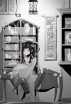  1girl abdomen_tail arachne arthropod_girl arthropod_limbs bags_under_eyes basket black_hair closed_mouth commentary_request dress greyscale half-closed_eyes highres holding holding_jar jar lantern looking_at_viewer mirror monochrome monster_girl multicolored_hair o-ring o-ring_top original partially_colored pink_hair scroll smile solo spider_girl taur two-tone_hair tyomoti urn vase wooden_floor 