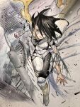  1girl abstract_background alita battle_angel_alita black_bodysuit black_hair blood blood_on_face blood_spray bodysuit cable cape cyberpunk cyborg debris grey_background grey_eyes highres joints jumping mechabare mechanical_arms mechanical_hands mechanical_legs metal_skin peach_momoko red_lips robot_joints science_fiction torn_bodysuit torn_cape torn_clothes traditional_media yellow_cape yellow_footwear 