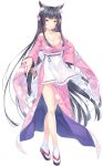  1girl animal_ear_fluff animal_ears apron bell black_hair bow breasts cat_ears cleavage floral_print full_body hair_bow hair_ribbon highres japanese_clothes kimono large_breasts long_hair long_sleeves looking_at_viewer nekopara non-web_source official_art outstretched_arm photoshop_(medium) ribbon sandals sayori_(neko_works) simple_background smile solo standing tabi very_long_hair waist_apron white_background wide_sleeves yellow_eyes 