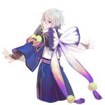  1boy adapted_costume blue_eyes bow chinese_clothes csyko fate/grand_order fate_(series) from_behind gao_changgong_(fate) grey_hair hair_between_eyes highres male_focus no_mask outstretched_arms short_hair silver_hair smile solo 