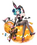  1girl :d absurdres animal_ear_hairband animal_ears bare_shoulders bat_wings belt black_footwear black_leotard black_pantyhose blue_hair bow breasts broken broken_chain candy chain chest_harness cleavage_cutout clothing_cutout cotton_ball crossed_legs curled_horns double_bun elbow_gloves eversoul fake_animal_ears fishnet_pantyhose fishnets food full_body game_cg gloves hair_bun hairband harness heart high_heels highres horns jack-o&#039;-lantern large_breasts leotard light_blue_hair lollipop looking_at_viewer lute_(eversoul) multicolored_hair multiple_belts o-ring o-ring_belt o-ring_harness official_alternate_costume official_alternate_hairstyle official_art pantyhose pink_ribbon playboy_bunny purple_eyes rabbit_ear_hairband rabbit_ears ribbon sheep_ears sheep_girl sheep_horns short_hair sidelocks single_elbow_glove single_glove sitting sitting_on_object sleeveless smile solo streaked_hair swept_bangs swirl_lollipop tachi-e thigh_strap transparent_background wings wrist_cuffs 