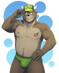  absurd_res alejandro_(husky92) ape belly bovid bovine canid canine canis cattle clothed clothing fangs feet haplorhine hat headgear headwear heterochromia hi_res horn hybrid male mammal musclegut muscular nipples pecs primate solo speedo swimwear tattoo topless ursid wolf 