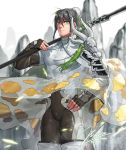  1boy bangs black_hair bodysuit bun_cover cape chinese_clothes covered_navel eyebrows_visible_through_hair facial_hair fate/grand_order fate_(series) fingerless_gloves genderswap genderswap_(ftm) gloves green_eyes hand_on_hip jin_(sirius-j) long_hair looking_at_viewer polearm qin qin_liangyu_(fate) sidelocks simple_background skin_tight solo thighs weapon 