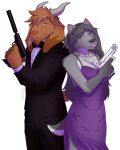 absurd_res angelica_moon_(claydon_delve) anthro back_to_back bovid bow_tie canid canine canis caprine clothing dress duo female goat gun hi_res male male/female mammal purple_clothing purple_dress ranged_weapon spy ssnowstalker suit weapon william_gruff_(claydon_delve) wolf