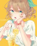  1girl bow brown_hair drinking_straw fingernails food fruit glass green_bow green_eyes hair_bow head_rest jewelry klasse14 lemon lemon_slice looking_at_viewer necklace parted_lips red_nails satsuki_(miicat) shirt short_sleeves simple_background solo upper_body watch white_shirt wristwatch yellow_background 