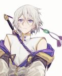  1boy blue_eyes chinese_clothes csyko fate/grand_order fate_(series) gao_changgong_(fate) grey_hair hair_between_eyes hood hoodie male_focus no_mask off_shoulder silver_hair solo 