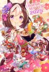  2025 5girls :d ^_^ animal animal_ears blue_eyes blue_kimono blush bowl brown_hair carrot chibi chinese_zodiac closed_eyes clover_hair_ornament cup ear_covers facepaint flower food food_in_mouth furisode geta gold_ship_(umamusume) green_kimono grey_hair hagoita hair_between_eyes hair_flower hair_ornament hair_ribbon hairband hane_(hanetsuki) hanetsuki happy_new_year high_ponytail highres hime_cut holding holding_animal holding_bowl holding_cup holding_paddle horse_ears horse_girl japanese_clothes kimono long_hair long_sleeves mejiro_mcqueen_(umamusume) mochi multicolored_hair multiple_girls new_year official_art open_mouth orange_hair paddle pink_kimono pink_ribbon ponytail purple_eyes purple_hair ribbon short_hair silence_suzuka_(umamusume) smile snake special_week_(umamusume) streaked_hair swept_bangs tokai_teio_(umamusume) two-tone_hair umamusume white_hair white_hairband year_of_the_snake zouni_soup 