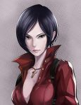  1girl ada_wong bangs black_hair breasts brown_eyes cleavage cross cross_necklace high_collar highres holster jewelry lips looking_at_viewer medium_breasts medium_hair necklace no_bra parted_bangs red_shirt resident_evil resident_evil_6 shirt shoulder_holster solo to-ru unbuttoned upper_body 