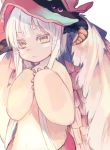  1other furry hands_up hat highres horizontal_pupils horns looking_at_viewer made_in_abyss nanachi_(made_in_abyss) parted_lips paws red_pupils satsuki_(miicat) short_hair_with_long_locks simple_background solo topless upper_body whiskers white_background yellow_eyes 