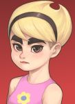  1girl blonde_hair breasts brown_eyes closed_mouth hairband looking_at_viewer mandy maou_alba short_hair simple_background solo the_grim_adventures_of_billy_&amp;_mandy thick_eyebrows 