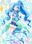  1girl blue_background blue_eyes blue_footwear blue_hair blue_legwear blue_neckwear blue_skirt blue_theme blue_vest choker closed_mouth cure_fontaine earrings full_body gloves hair_ornament hanzou healin&#039;_good_precure highres holding holding_wand jewelry kneehighs layered_skirt long_hair looking_at_viewer magical_girl ponytail precure puffy_sleeves sawaizumi_chiyu shoes skirt smile solo split_ponytail vest wand white_gloves 