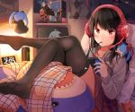  1girl bangs black_legwear blue_hair blush can clock closed_mouth commentary_request crossed_legs digital_clock drawstring energy_drink eyebrows_visible_through_hair food food_in_mouth grey_jacket headphones headset holding indoors jacket looking_at_viewer monster_energy mouth_hold niichi_(komorebi-palette) nintendo_switch no_shoes open_clothes open_jacket original pink_shirt plaid plaid_skirt pocky red_eyes red_skirt shirt skirt soles solo thighhighs twintails 