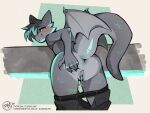 animal_genitalia anthro bent_over bite biting_lip blush bodily_fluids bottomwear bottomwear_down butt clothed clothing dragon duskihorns furgonomic_bottomwear furgonomics genital_fluids genital_slit genitals grey_body grey_scales hi_res looking_at_viewer looking_back looking_back_at_viewer male mythological_creature mythological_scalie mythology pants pants_down partially_clothed penis penis_tip precum presenting presenting_hindquarters raised_tail scales scalie smile solo tail
