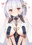  1girl :&lt; absurdres azur_lane blush braid breasts chocolate_on_breasts commentary_request eyebrows_visible_through_hair gedou_(shigure_seishin) hair_ornament heart heart-shaped_pupils highres large_breasts long_hair looking_at_viewer red_eyes simple_background sirius_(azur_lane) solo symbol-shaped_pupils white_background white_hair 