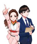  1boy 1girl arm_up belt black_eyes black_footwear blue_neckwear blue_suit brown_eyes brown_hair clipboard formal high_heels highres index_finger_raised lipstick long_hair long_sleeves makeup original pants pink_pants pink_suit simple_background smile standing suit white_background yuu_(higashi_no_penguin) 