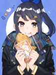  1girl :p bangs black_hair black_jacket blue_background blue_ribbon blush closed_mouth commentary_request eyebrows_visible_through_hair food food_on_face fringe_trim green_scarf hair_ornament hair_ribbon hairclip heart high_ponytail highres holding holding_food jacket long_hair long_sleeves looking_at_viewer mika_pikazo original ponytail purple_eyes ribbon scarf smile solo taiyaki tongue tongue_out two-tone_background upper_body wagashi white_background 