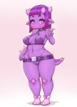  2020 animal_humanoid belt blush breasts camel_toe collar dragon dragon_humanoid eyelashes female gesture horn humanoid humanoid_pointy_ears kionant navel nipple_outline purple_body purple_eyes short_stack simple_background solo standing thick_thighs v_sign wide_hips 