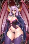  1girl alma_elma bat_wings breast_tattoo breasts bridal_gauntlets cape cleavage commission demon_girl demon_horns demon_tail demon_wings dress horns large_breasts lindaroze long_hair looking_at_viewer mon-musu_quest! monster_girl navel pointy_ears purple_dress purple_hair red_eyes revealing_clothes smile solo standing succubus tail tattoo thighhighs wings 