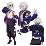  bare_shoulders blue_eyes blue_jacket character_sheet chinese_clothes csyko eyewear_on_head fate/grand_order fate_(series) gao_changgong_(fate) grey_hair hair_between_eyes holding holding_microphone jacket jewelry male_focus microphone puffy_pants ring silver_hair sunglasses 