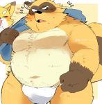  &lt;3 2020 anthro asian_clothing belly blush brown_body brown_fur bulge canid canine clothing duo east_asian_clothing eyes_closed fox fundoshi fur humanoid_hands hyaku_(artist) japanese_clothing kemono male mammal moobs navel overweight overweight_male raccoon_dog tanuki towel underwear 