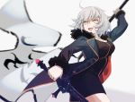  1girl ahoge black_dress cape coat csyko dress fate/grand_order fate_(series) flag fur-trimmed_cape fur-trimmed_coat fur_trim grey_hair headpiece jeanne_d&#039;arc_(alter)_(fate) jeanne_d&#039;arc_(fate)_(all) short_dress short_hair silver_hair sword weapon wicked_dragon_witch_ver._shinjuku_1999 yellow_eyes 