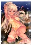  1girl absurdres arm_up armpits barefoot bikini_tan blurry blush breasts covered_navel covering depth_of_field elf hair_ribbon hand_on_own_chest highres large_breasts light_brown_eyes long_hair naked_towel night night_sky nijimoto_hirok nude_cover onsen outdoors page_number pink_eyes pointy_ears ponytail ribbon scan sidelocks sky snowing solo star_(sky) starry_sky steam tan tanline toes toranoana towel very_long_hair wet 