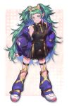  1girl alternate_costume closed_mouth earrings etteokiii fire_emblem fire_emblem:_three_houses full_body green_eyes green_hair highres jewelry long_hair pointy_ears smile solo sothis_(fire_emblem) 