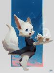  2018 anthro barefoot beverage blue_eyes canid canine cute_fangs fur hi_res lokey looking_at_viewer male mammal simple_background smile solo standing tea white_body white_fur 