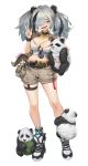  1girl absurdres animal animal_ears anklet arknights bare_legs belly belt bottle breasts cleavage eyewear_removed fang feater_(arknights) highres jacket jewelry large_breasts long_hair messy_hair multicolored_hair navel orange_eyes panda panda_ears plump pouch romana shoes shorts thigh_strap twintails v water_bottle 