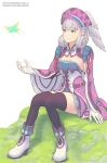  1girl blue_eyes breasts bug butterfly cape curly_hair elbow_gloves gloves hat head_wings insect marfrey medium_breasts melia outdoors short_hair simple_background sitting_on_rock smile solo thighhighs white_background white_hair wings xenoblade_(series) xenoblade_1 