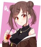  1girl :i absurdres amidada bangs bare_shoulders black_sweater blush brown_hair brown_jacket closed_mouth cup disposable_cup double_bun drinking_straw earrings eyebrows_visible_through_hair fingernails hair_ornament hairclip heart heart_earrings heart_necklace highres holding holding_cup ice ice_cube idolmaster idolmaster_shiny_colors jacket jewelry nail_polish off_shoulder open_clothes open_jacket pendant pink_background pout purple_nails red_eyes ribbed_sweater sleeveless_sweater solo sonoda_chiyoko squiggle star sweater swept_bangs twintails two-tone_background white_background x_hair_ornament 