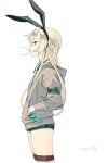  1girl alternate_costume blonde_hair chewing_gum cowboy_shot denim denim_shorts earphones from_side hands_in_pockets highres hood hooded_sweater kantai_collection kokudou_juunigou long_hair shimakaze_(kantai_collection) short_shorts shorts simple_background solo sweater white_background z-flag 