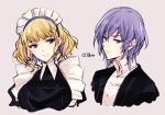  1boy 1girl blonde_hair blue_eyes butler closed_mouth constance_von_nuvelle earrings fire_emblem fire_emblem:_three_houses jewelry maid maid_headdress multicolored_hair naho_(pi988y) purple_eyes purple_hair short_hair simple_background twitter_username upper_body yuri_(fire_emblem) 