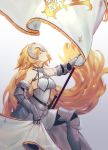  1girl armor bare_shoulders blonde_hair braid closed_eyes collar csyko fate/apocrypha fate/grand_order fate_(series) faulds flag gauntlets hair_down headpiece highres holding holding_flag impossible_clothes impossible_shirt jeanne_d&#039;arc_(fate) jeanne_d&#039;arc_(fate)_(all) long_hair metal_collar plackart shirt solo standard_bearer very_long_hair 