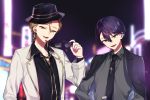  2boys :d bangs black-framed_eyewear black_headwear black_jacket black_neckwear black_shirt blurry blurry_background brown_eyes brown_hair collared_shirt commentary_request depth_of_field eyebrows_visible_through_hair eyewear_removed fushimi_gaku green_eyes grey_shirt hair_between_eyes hat holding holding_eyewear jacket jacket_on_shoulders kenmochi_touya male_focus multiple_boys necktie night nijisanji open_clothes open_jacket open_mouth outdoors purple_hair shirt smile sunglasses upper_body virtual_youtuber white_jacket yamabukiiro 