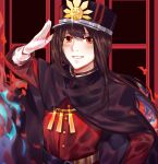  1boy androgynous black_cape black_hair blush cape csyko fate/grand_order fate_(series) gloves hat long_hair male_focus military military_hat military_uniform oda_nobukatsu_(fate/grand_order) oda_uri peaked_cap red_eyes salute shako_cap smile solo uniform white_gloves 