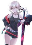  100 1girl artoria_pendragon_(all) bare_shoulders black_camisole black_jacket black_ribbon black_shorts black_tank_top blonde_hair commentary_request cross cross_necklace dark_excalibur dark_persona eyebrows_visible_through_hair fast_food fate/grand_order fate_(series) hair_between_eyes hand_on_hip highres jacket jet_black_king_of_knights_ver._shinjuku_1999 jewelry kneehighs looking_at_viewer low_ponytail necklace off_shoulder ribbon saber_alter shirt short_shorts shorts sidelocks sleeveless sleeveless_shirt standing thighs yellow_eyes 
