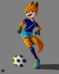  2018 4:5 5_fingers anthro ball biped blue_bottomwear blue_clothing blue_footwear blue_legwear blue_shirt blue_shoes blue_shorts blue_socks blue_topwear bottomwear canid canine cheek_tuft clothed clothing countershade_face countershading cub digital_media_(artwork) dipstick_ears facial_tuft fangs fingers footwear fox fully_clothed fur green_eyes grey_background happy head_tuft jay-r legwear male mammal multicolored_body multicolored_ears multicolored_fur open_mouth orange_body orange_fur plantigrade playing_sport red_fox shaded shirt shoes shorts simple_background snout soccer_ball soccer_uniform socks solo sport sportswear t-shirt teeth topwear tuft two_tone_body two_tone_fur uniform white_body white_countershading white_fur young 